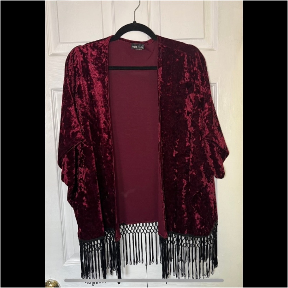 Red Velvet Kimono with Fringe Ruffles | Vintage Wet Seal | One Size Cardigan